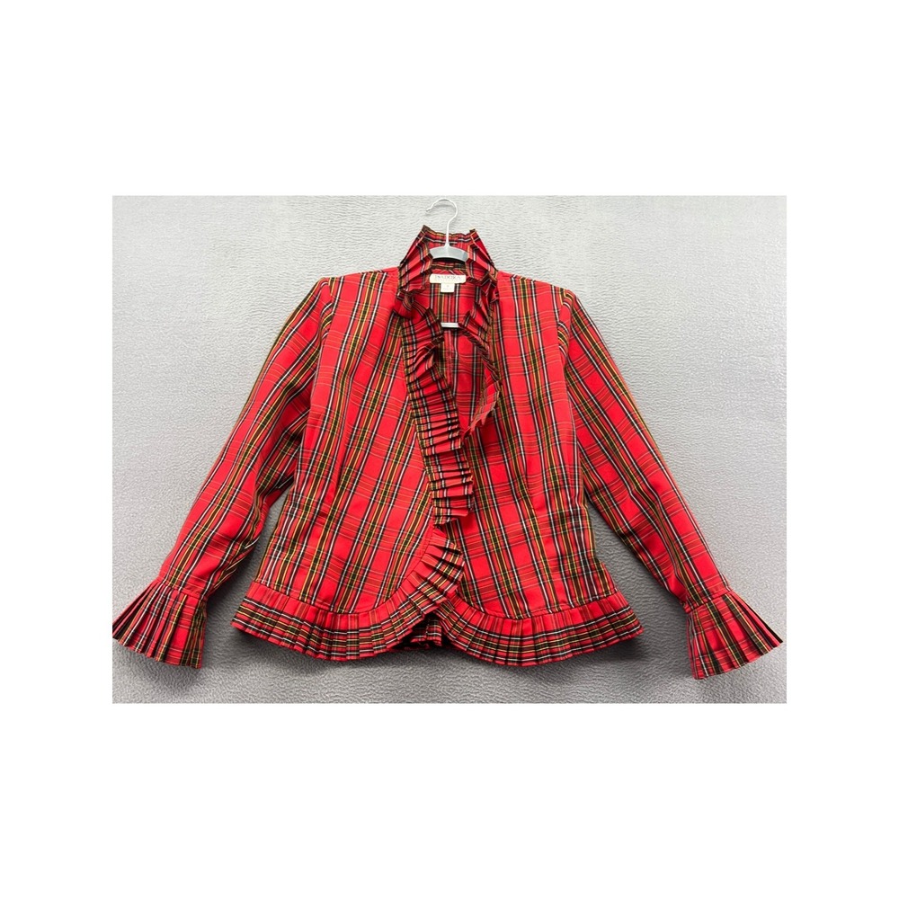 Isadora Collection Blouse Sz S Red Tartan Plaid Ruffle Jacket Pleated Bell Cuff